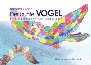 Der bunte Vogel fliegt über einem See mit 3 Enten